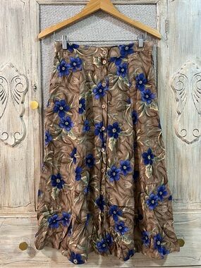 Vintage Sag Harbor Brown Maxi Skirt with Blue Floral Print